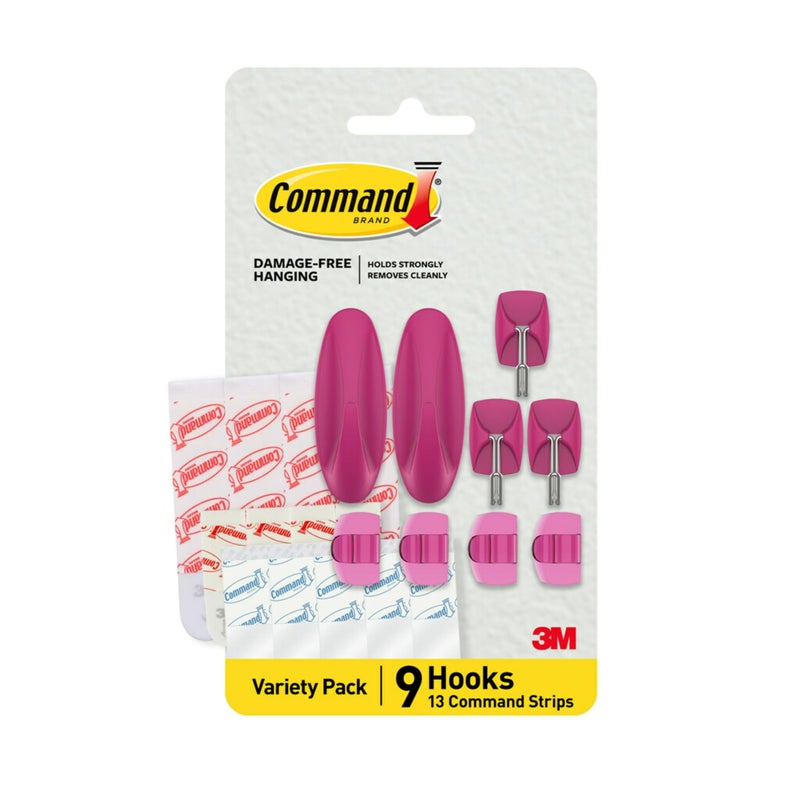 Command Mixed Hooks Pack  9 Dragon Fruit Hooks  13 Strips (2 Medium Designer Hooks  4 Medium Indoor Strips; 3 Small Wire Hooks  4 Small Indoor Strips; 4 Clear Round Cord Clips  5 Small Clear Strips) - Image 1